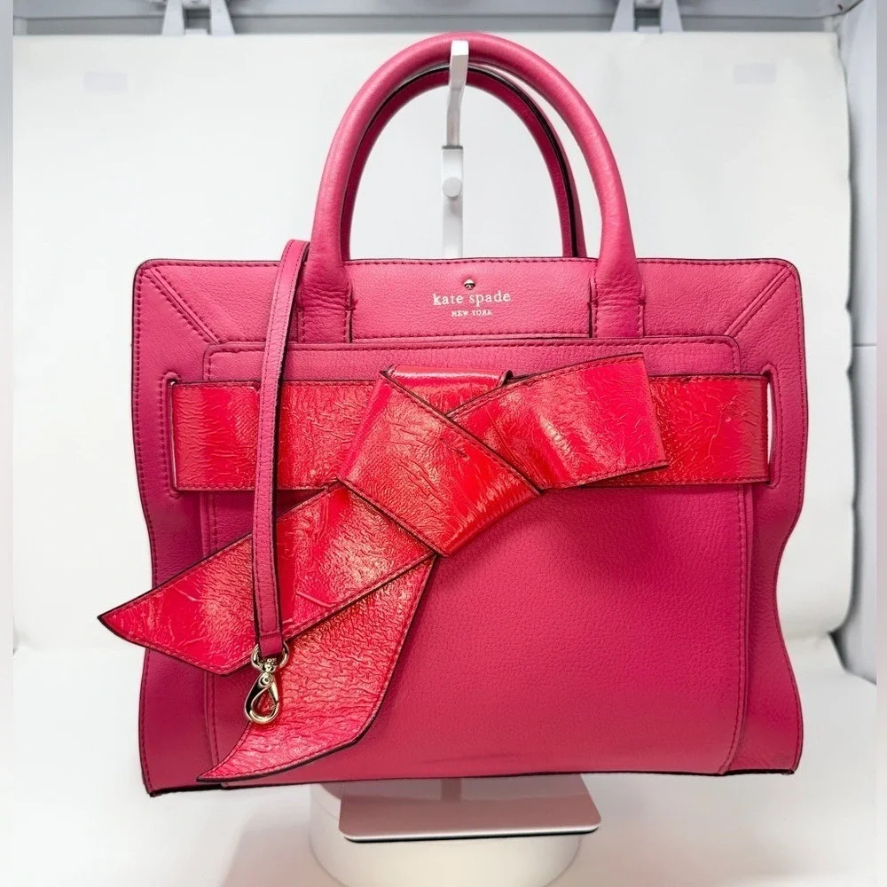 Kate Spade New York Pink Leather Satchel with Oversized Bow and shoulder strap - Picture 4 of 7